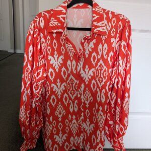 Red White Ikat Print Blouse XL Long Sleeve Button Front Boho Top
